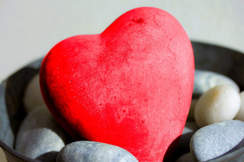 A red stone in the shape of a heart in a bowl of gray stones.